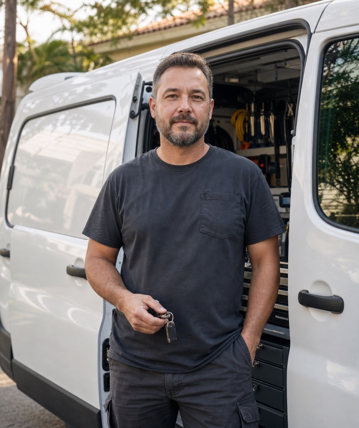 A locksmith technician in front of the service van in Orlando, Florida.