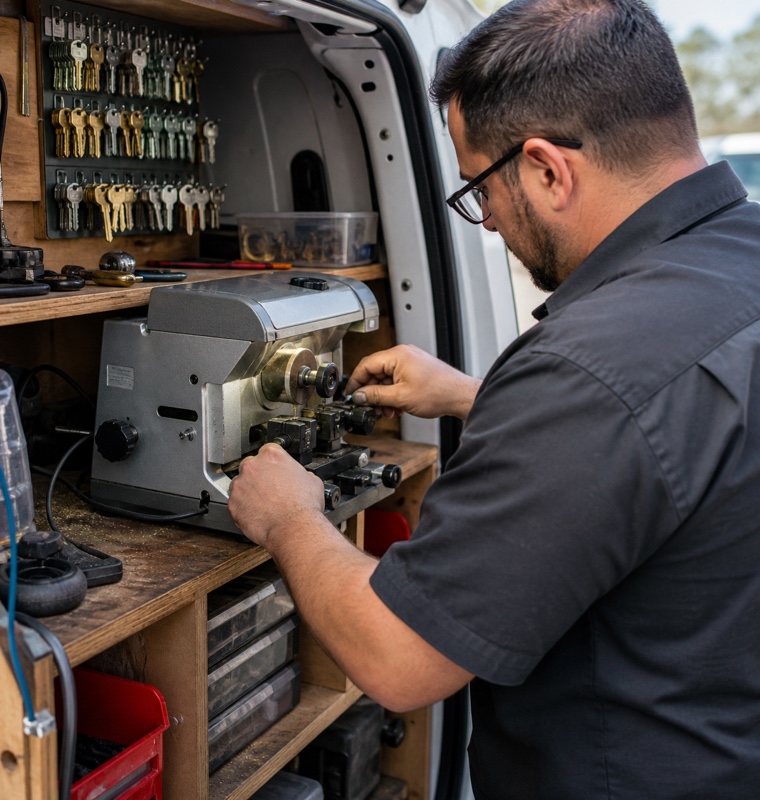 Car key cutting equipment in van in Orlando, Florida.