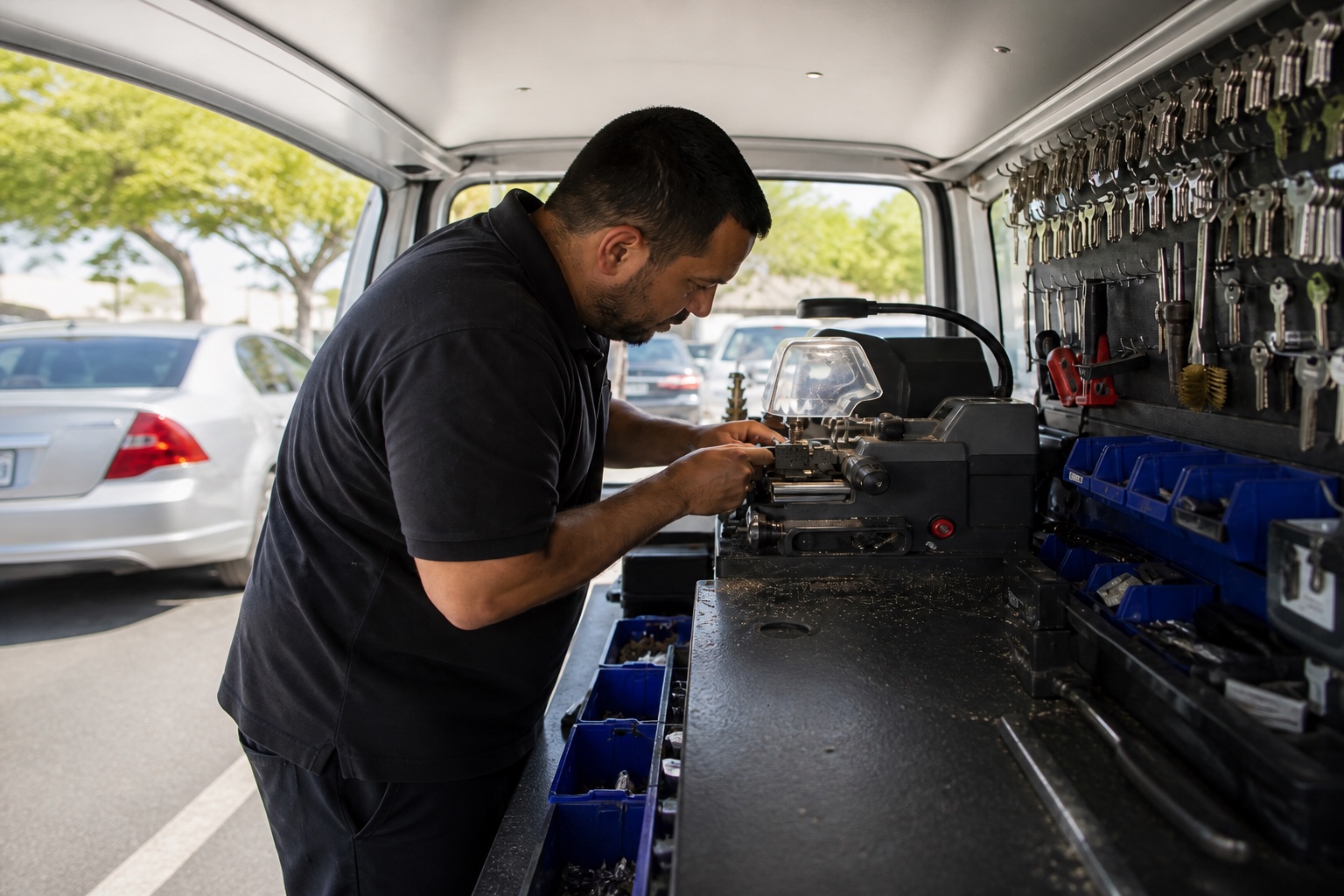 Car key cutting in van in Orlando, Florida.
