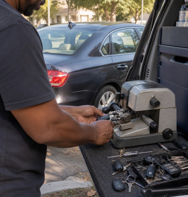 Key cutting equipment beside a parked rideshare car in Orlando, Florida.