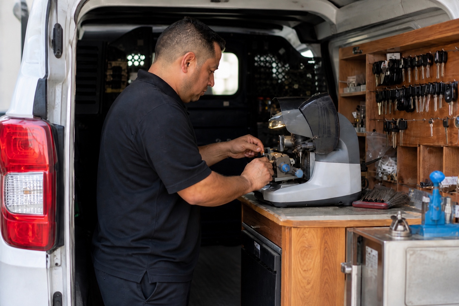 Key cutting machine mounted in a service van in Orlando, Florida.