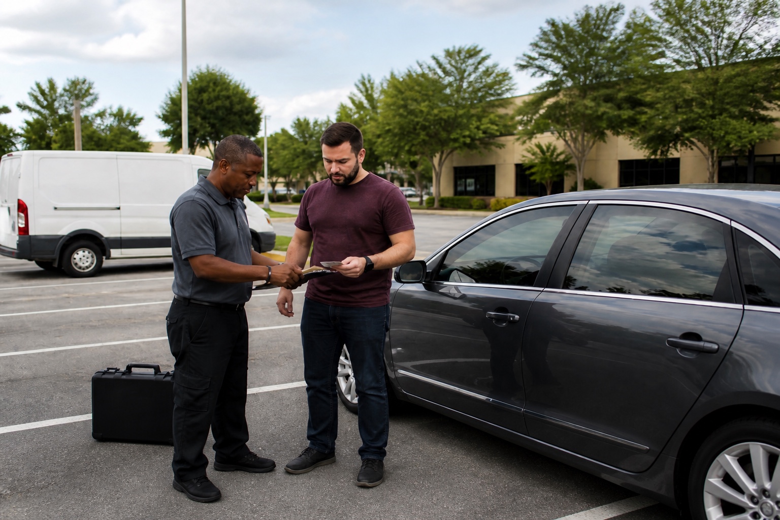 A mobile locksmith verifies vehicle ownership before beginning car lockout service in Orlando, Florida.