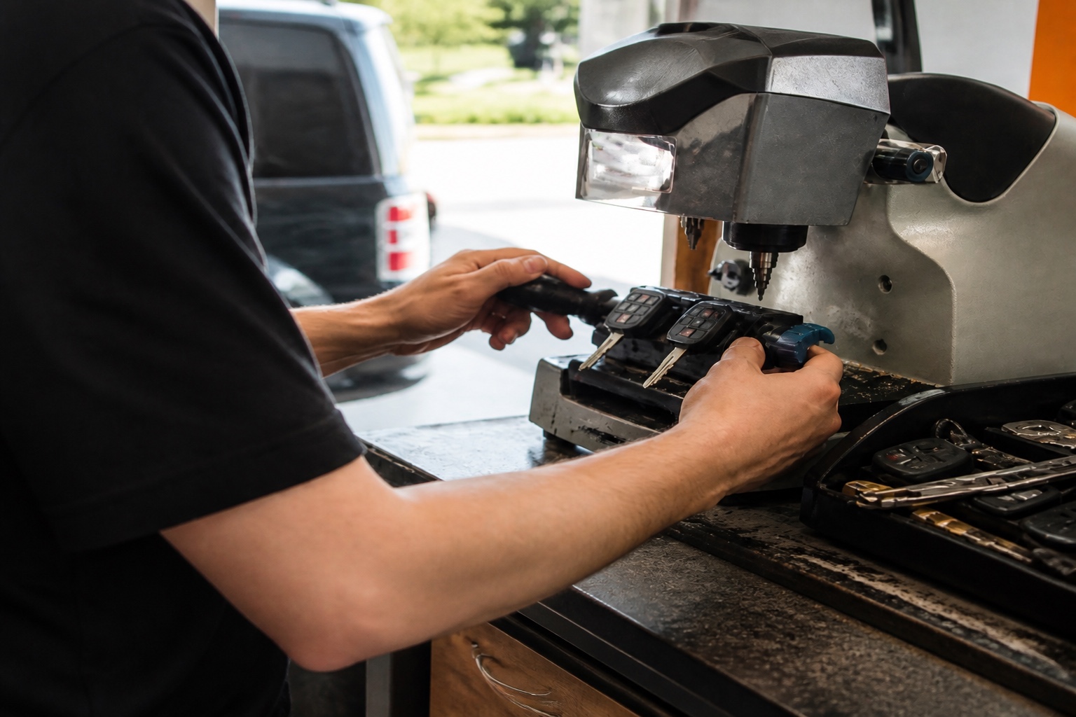 Cutting a duplicate key beside the original in Orlando, Florida.