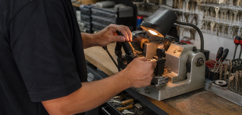 Traditional key duplication on a bench cutter in Orlando, Florida.