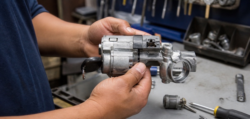 Ignition cylinder assembly on a bench in Orlando, Florida.