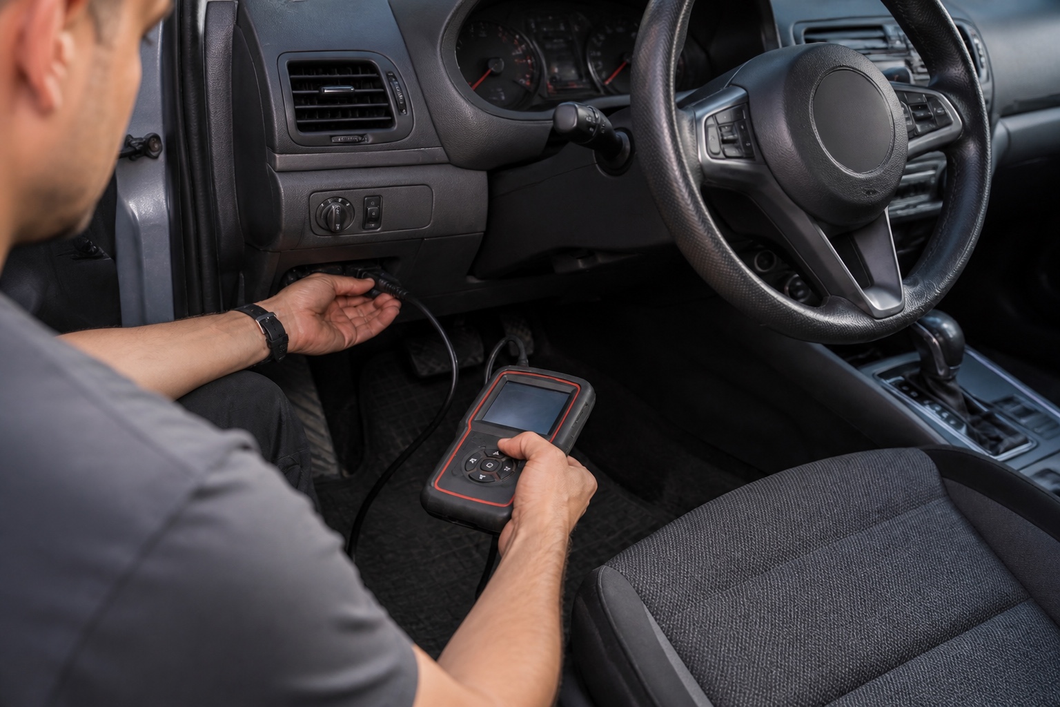 Key programming device connected to a vehicle diagnostic port in Orlando, Florida.