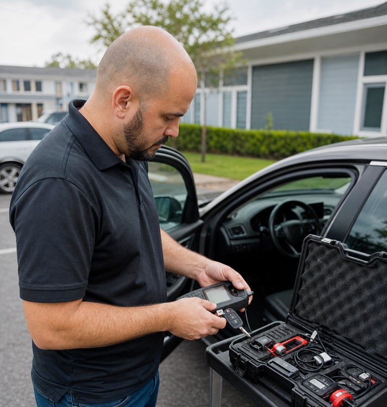 Programming a smart key beside a late-model sedan in Orlando, Florida.