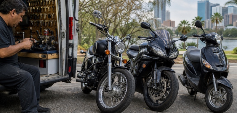 Cruiser, sport bike and scooter lined up in Orlando, Florida.