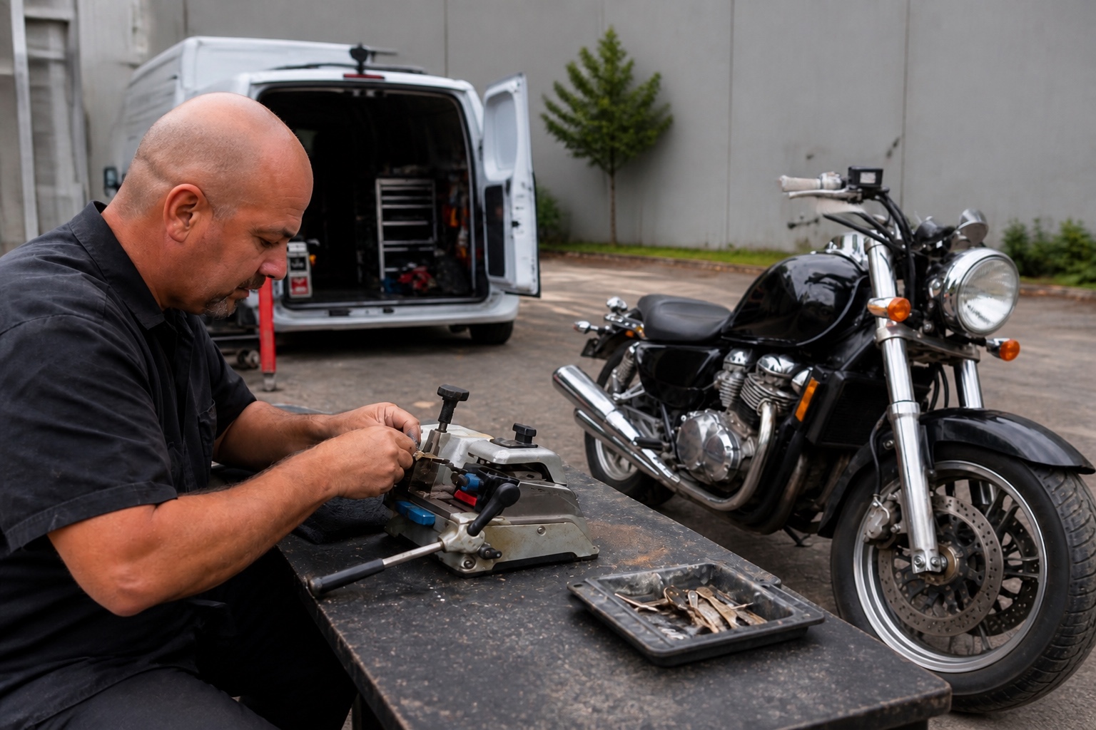 Cutting a motorcycle key beside a parked cruiser in Orlando, Florida.
