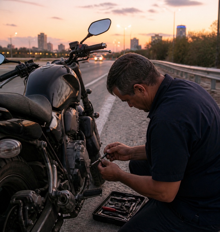 Motorcycle parked on a highway shoulder at dusk in Orlando, Florida.