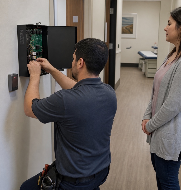 Access control panel in a medical office corridor in Orlando, Florida.