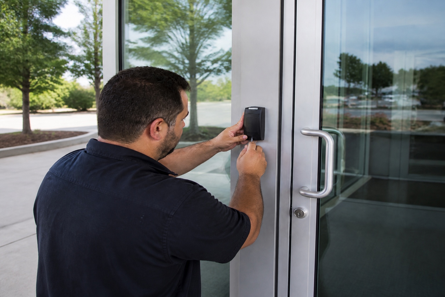 Card reader mounted beside a glass entry door in Orlando, Florida.