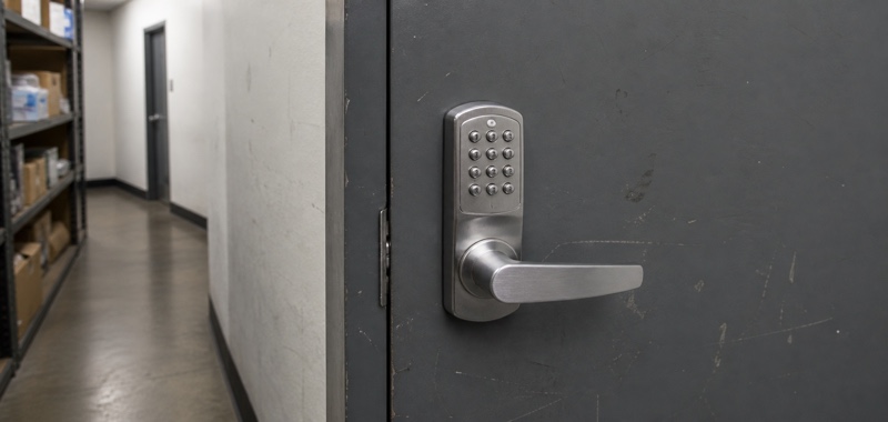 Keypad lock on a back office door in Orlando, Florida.