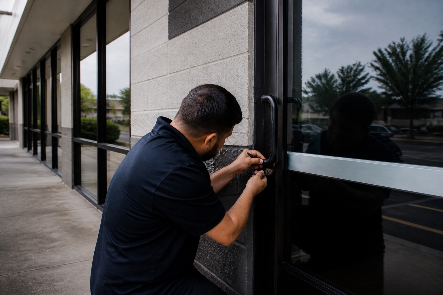 Technician clearing a storefront lockout in Orlando, Florida.