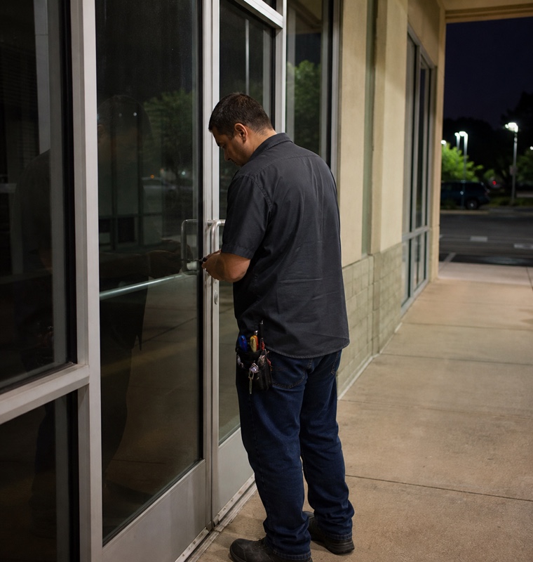 Waiting outside a locked storefront at night in Orlando, Florida.