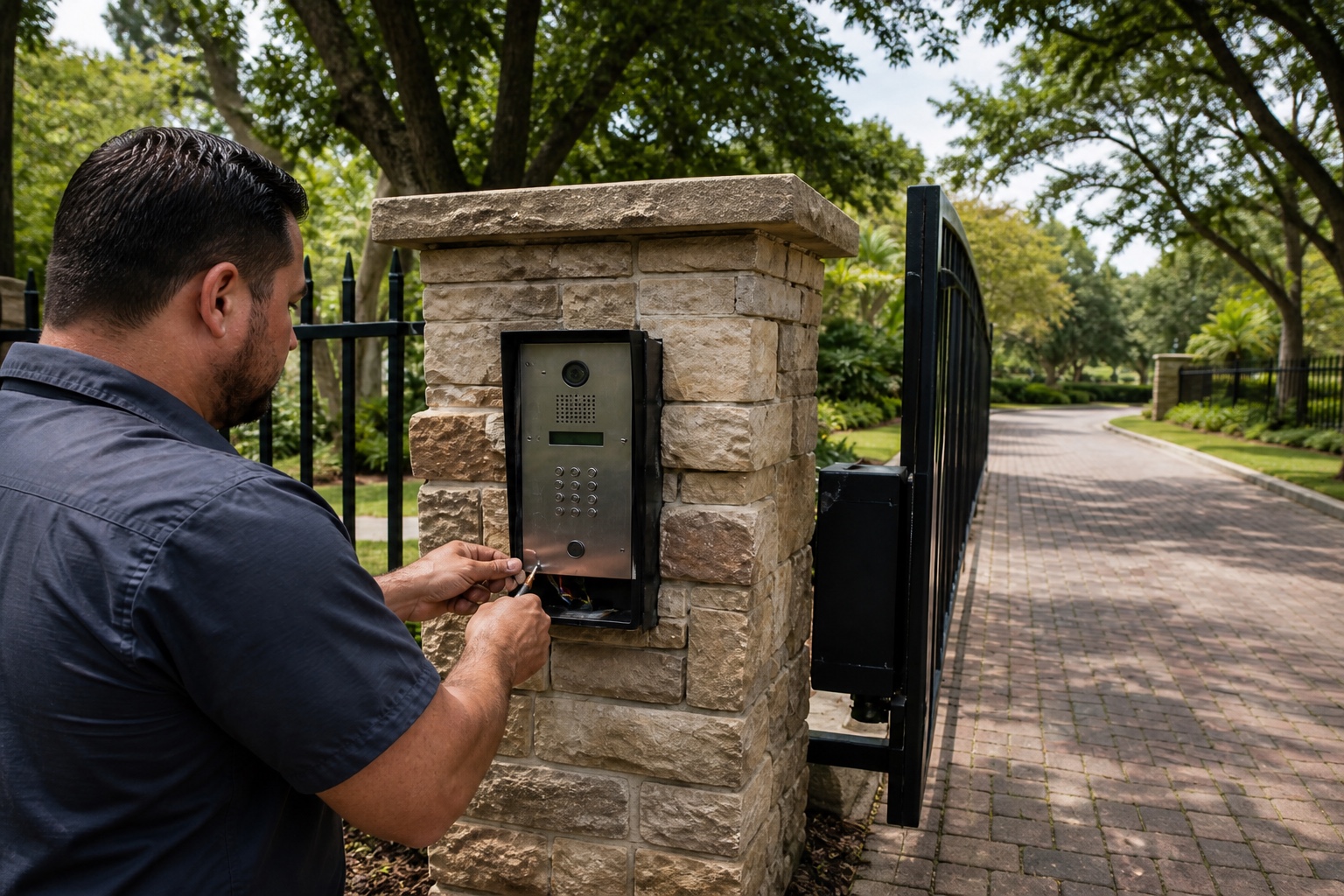 Video intercom panel at a gated community entry in Orlando, Florida.