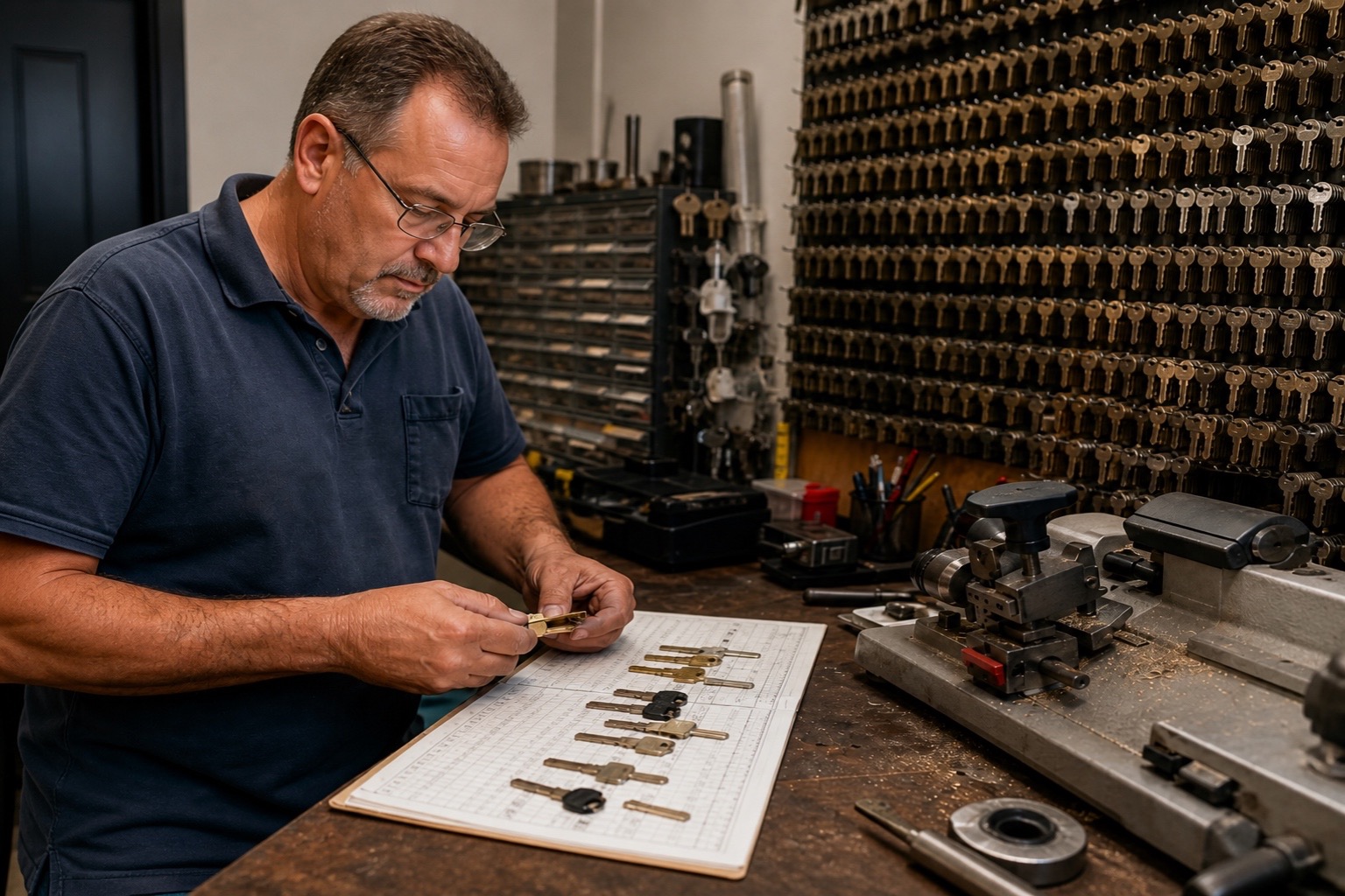 Key chart and cut master keys on a work bench in Orlando, Florida.
