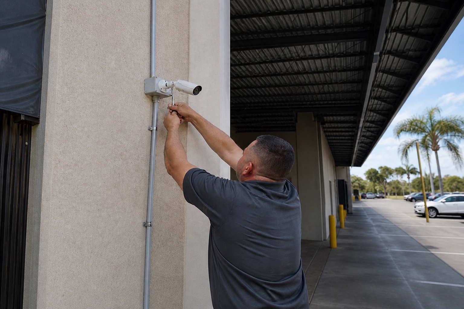 Bullet camera mounted above a loading dock in Orlando, Florida.