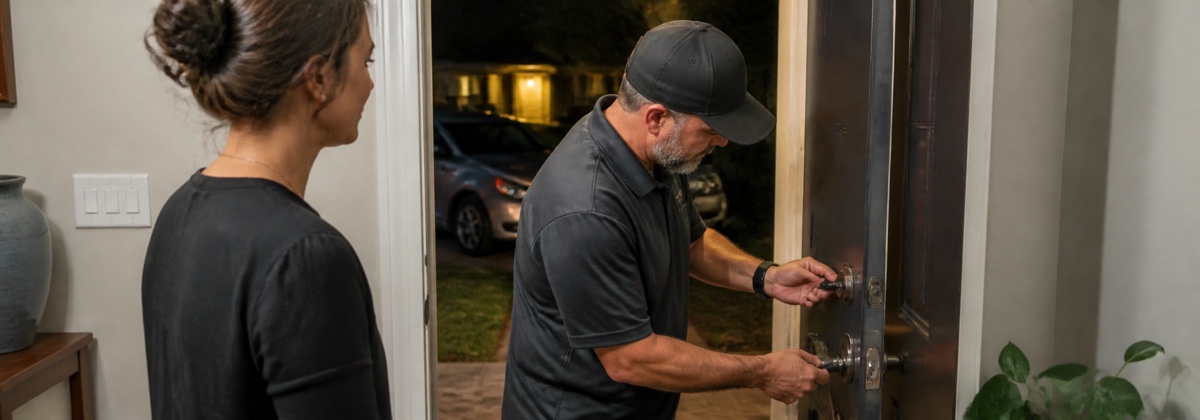 Front door opened at night in Orlando, Florida.
