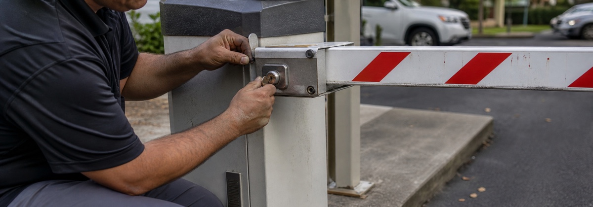 Commercial parking gate arm lock secured in Orlando, Florida.
