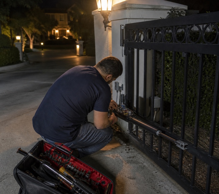 Driveway gate cylinder repaired at night in Orlando, Florida.