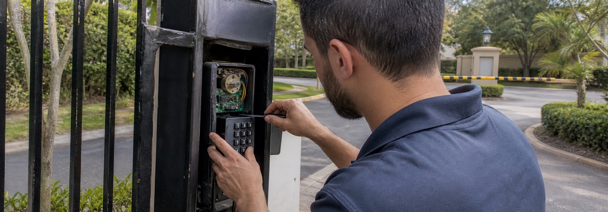 HOA community gate keypad reprogrammed in Orlando, Florida.