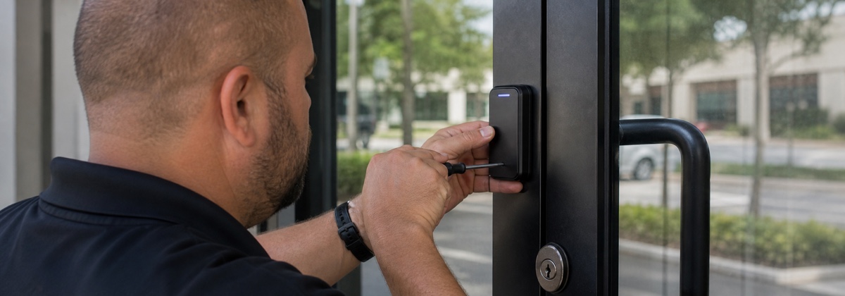 Access control reader reset on a glass door in Orlando, Florida.