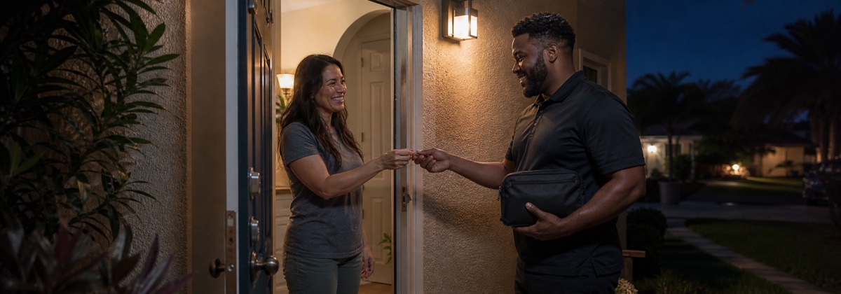 A homeowner receives their keys after completed home lockout service at night in Orlando, Florida.