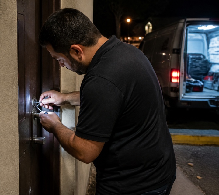 Locksmith working a lock at night in Orlando, Florida.