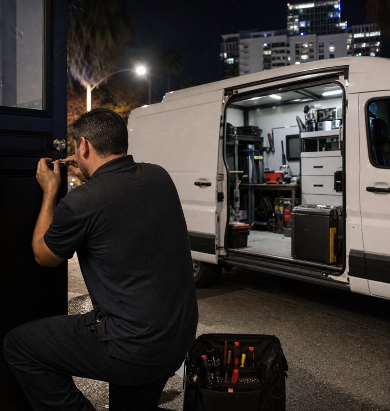 Technician and service van at night in Orlando, Florida.