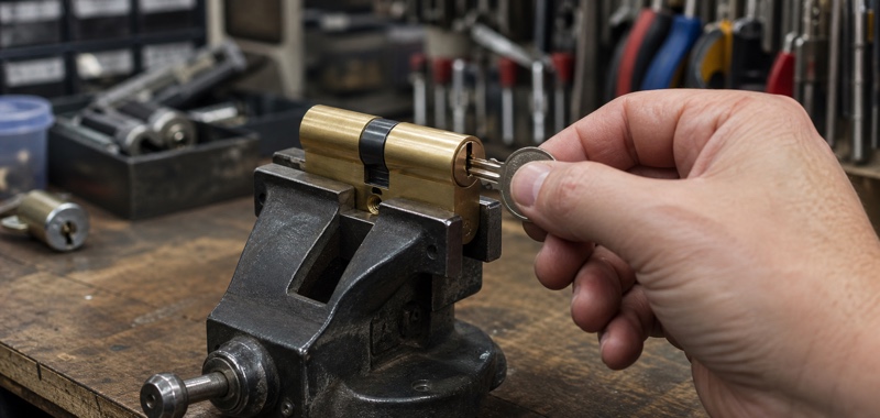 A locksmith tests a finished residential lock cylinder and matching key on a workshop bench in Orlando, Florida.