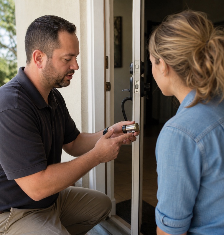 Technician explaining a lock to a homeowner in Orlando, Florida.