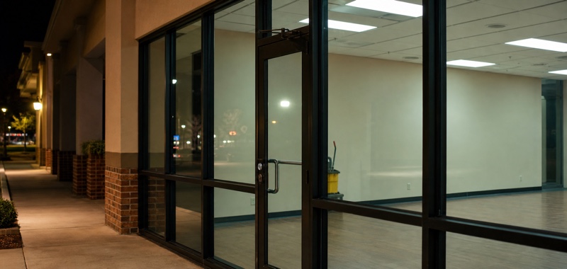 Storefront door after hours in Orlando, Florida.
