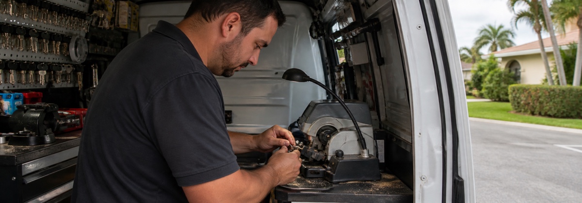 Car key cutting in van in Orlando, Florida.