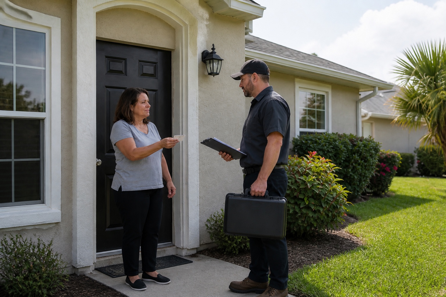 A locksmith verifies a resident’s identity before beginning authorized home lockout service in Orlando, Florida.