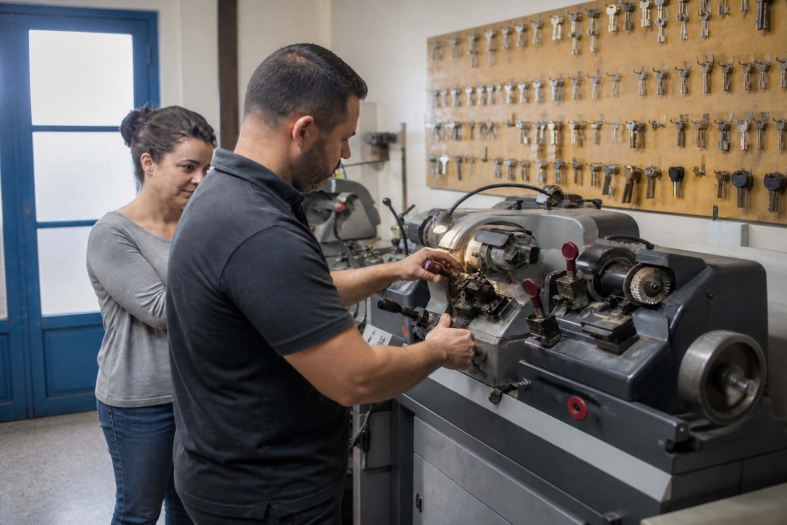 Locksmith cutting a key on a precision machine in Orlando, Florida.