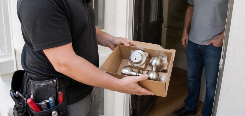 New deadbolt and knob set boxed for install in Orlando, Florida.