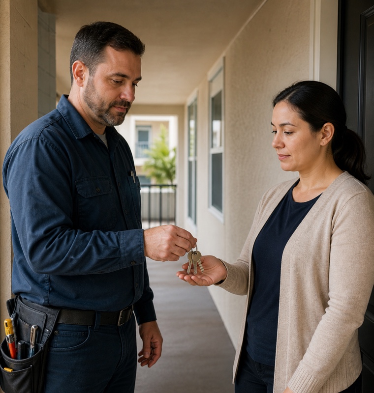 Property manager handing over new keys in Orlando, Florida.