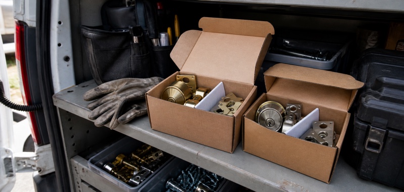 New deadbolt hardware boxed on a van shelf in Orlando, Florida.