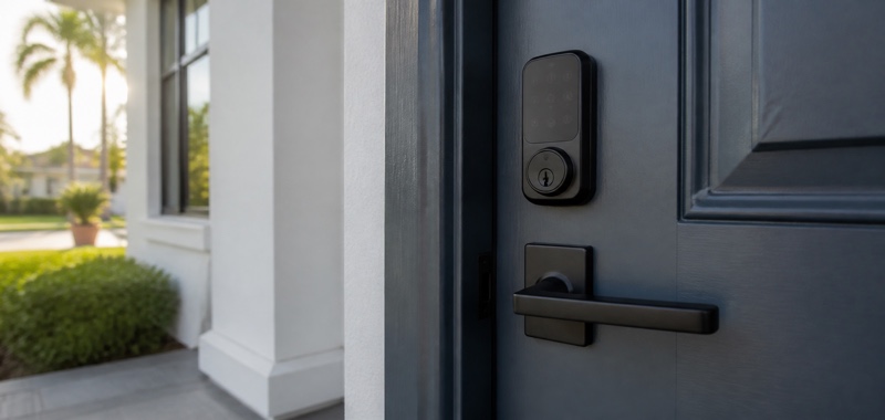 Smart lock keypad on a front door in Orlando, Florida.