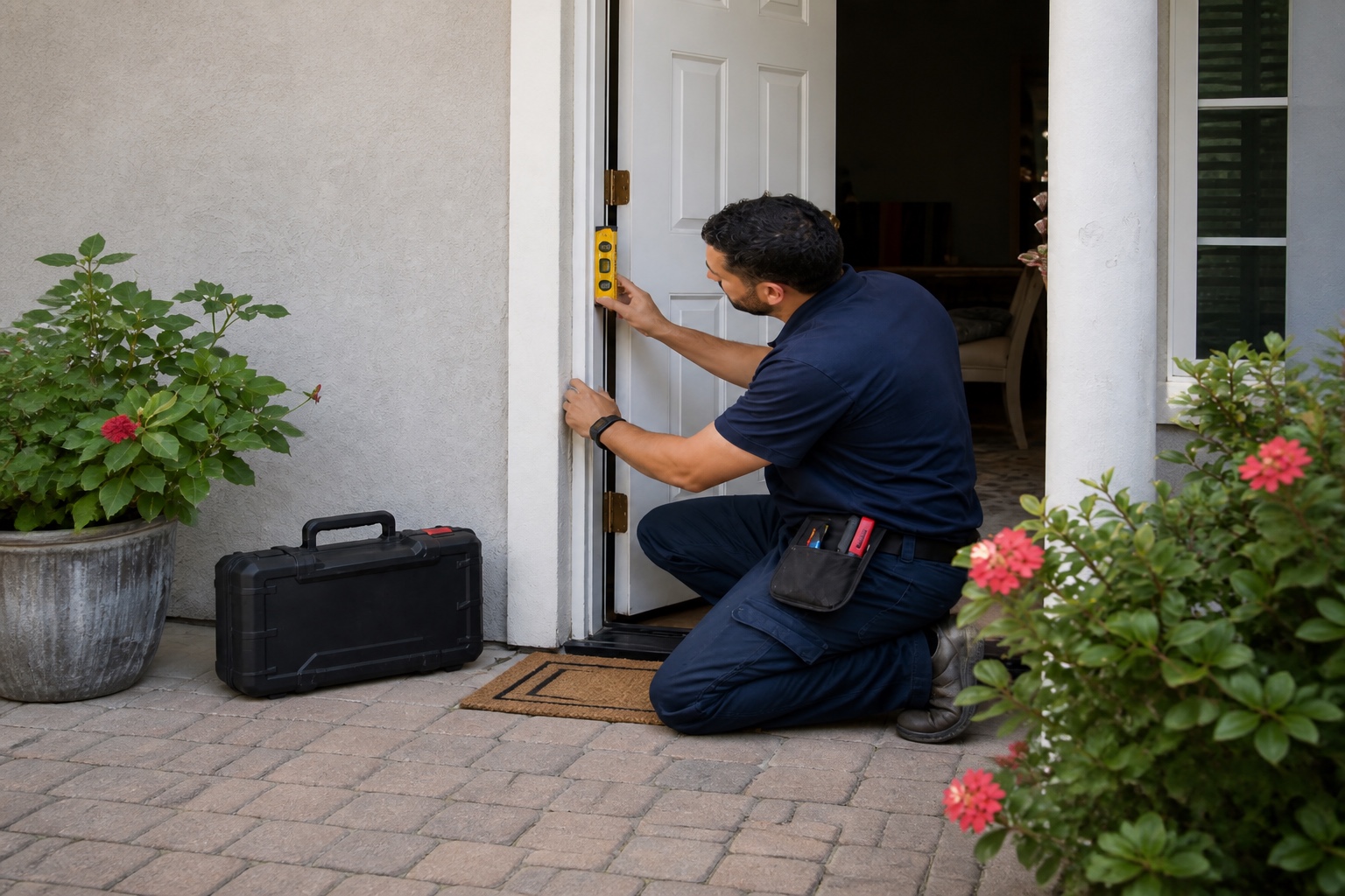 A residential door technician checks front-door frame alignment during a repair visit in Orlando, Florida.