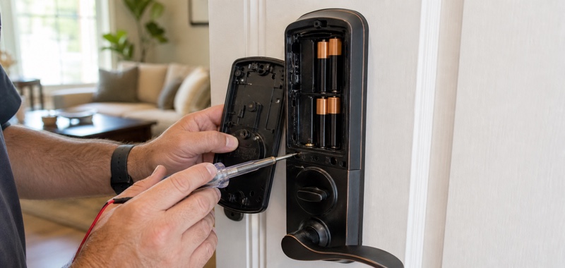 Smart lock keypad open for diagnosis in Orlando, Florida.