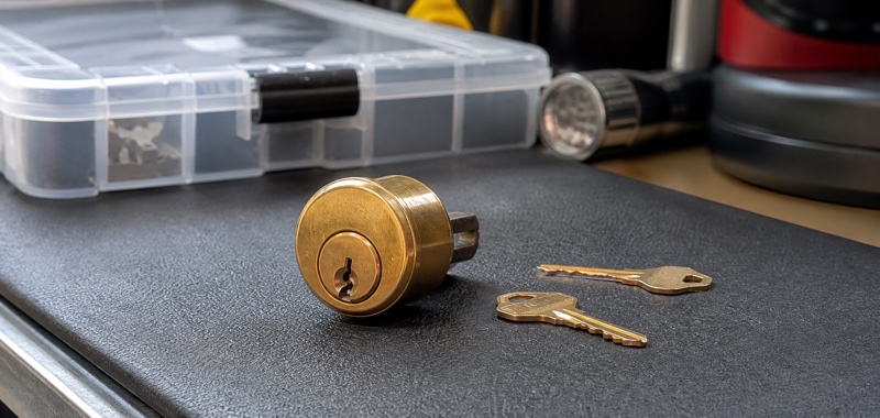 An assembled residential deadbolt cylinder and new matching keys on a mobile workbench in Orlando, Florida.