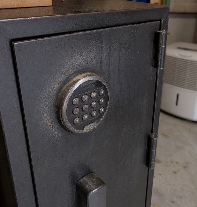 Humidity damage on a home safe's keypad in Orlando, Florida.